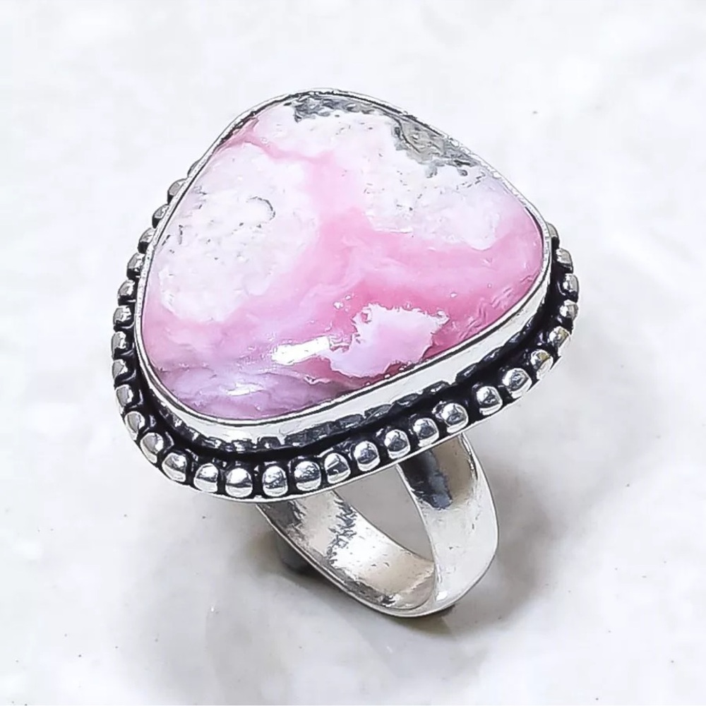 Rhodochrosite Gemstone Handcrafted India, Ethnic Pink, Silver plated Ring Size 8 - Picture 2 of 8